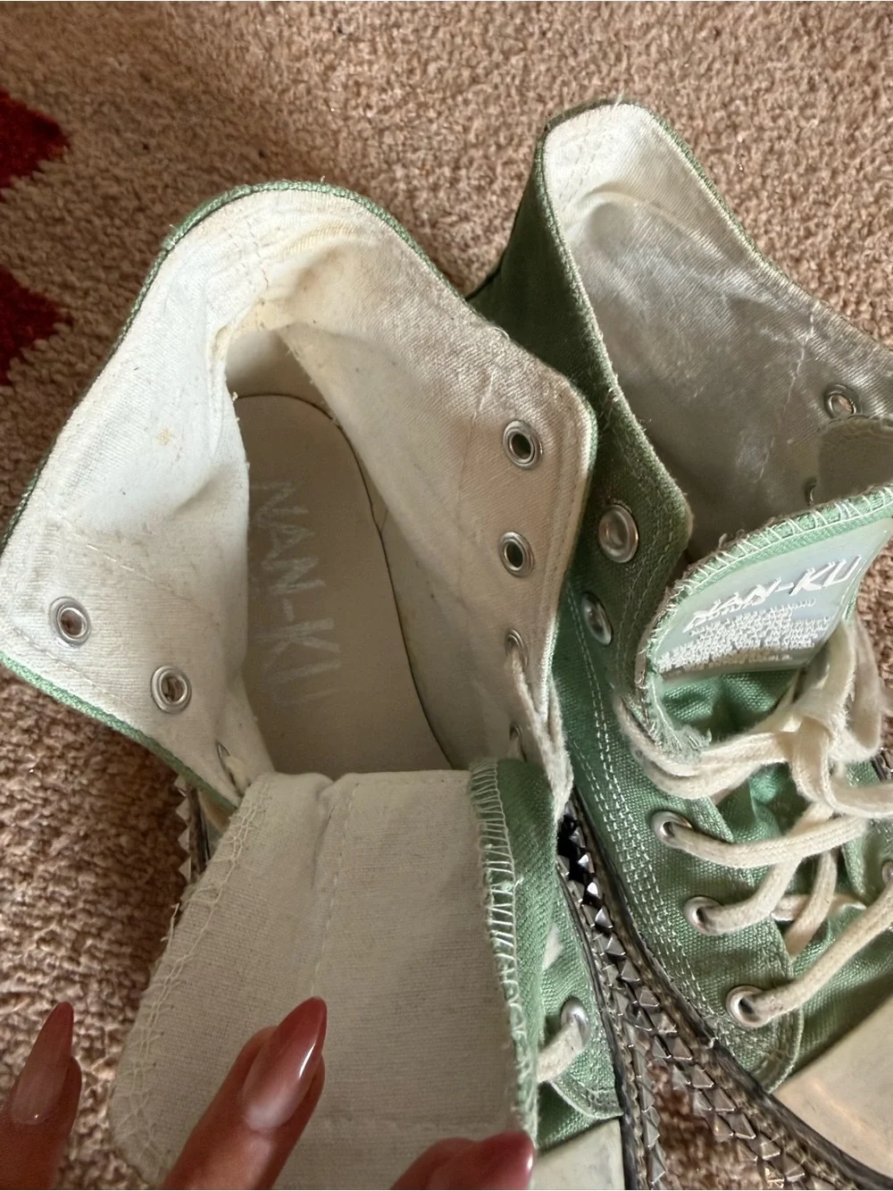 NAN-KU Green Canvas High-Top Studded Platform Sneakers